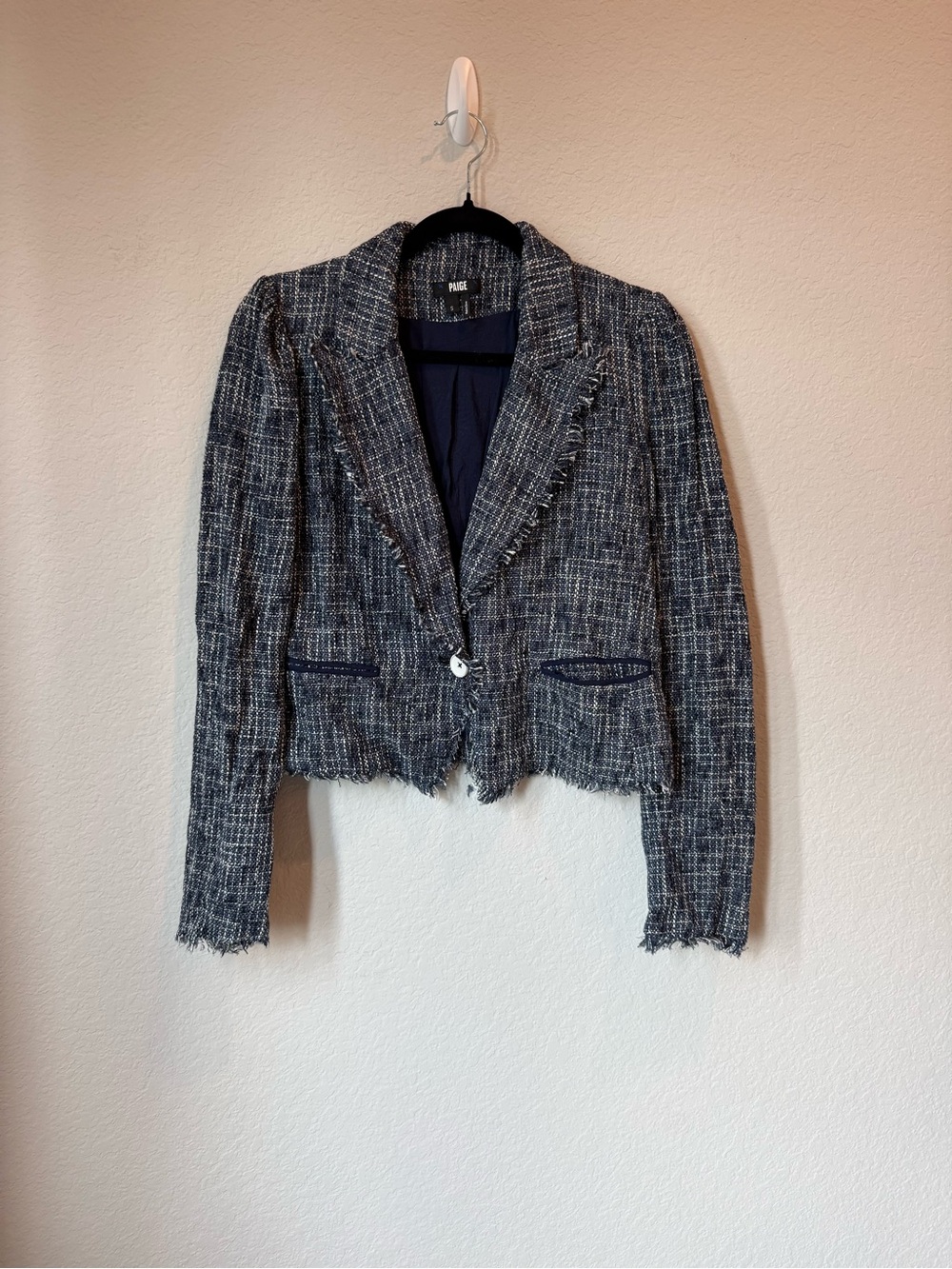 PAIGE Navy & White Tweed Frayed Hem Blazer S